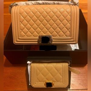 Chic Beige CC Quilted Shoulder Bag With Wallet